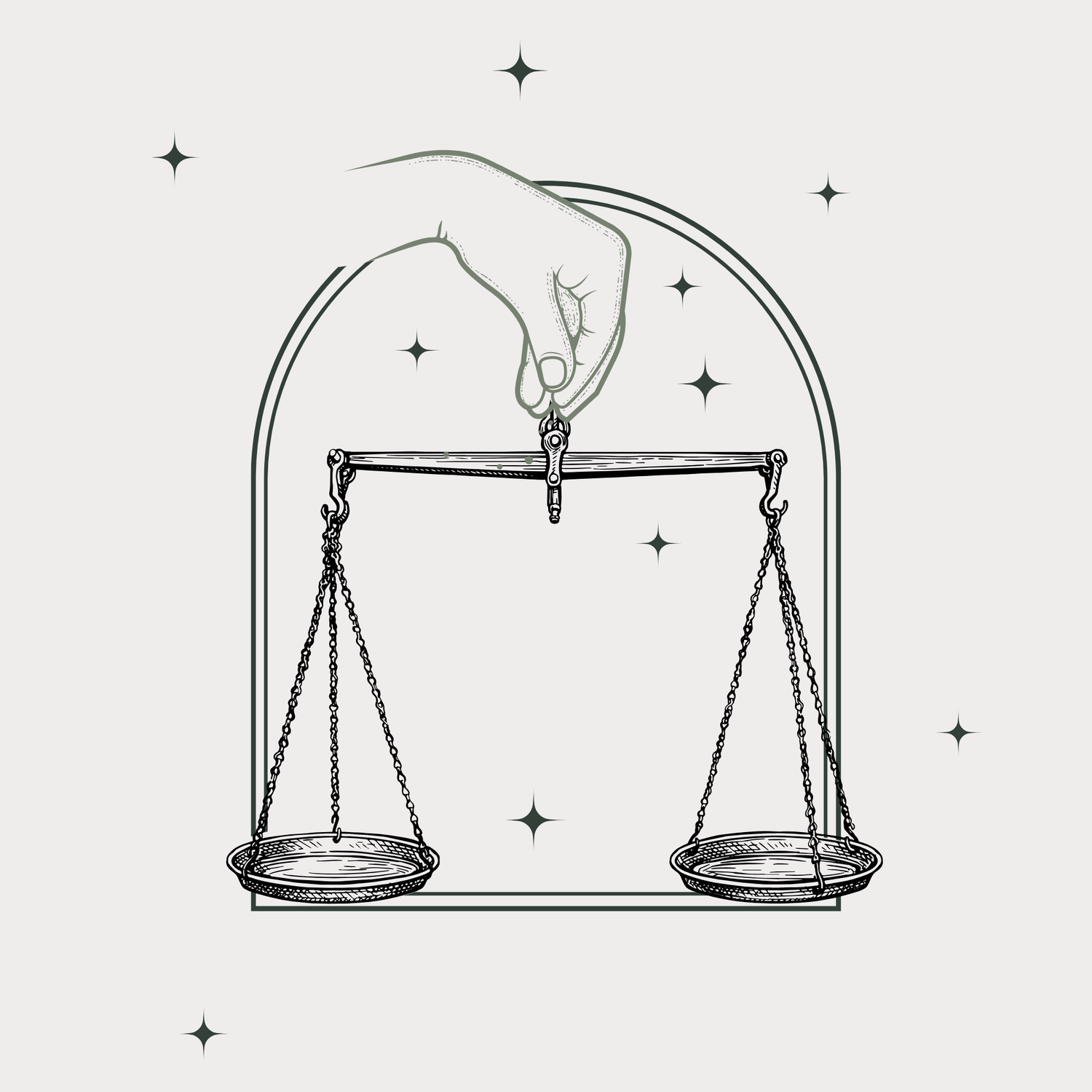 Illustration of a hand holding a balance scale with stars around on a light gray background. Small batch holistic traditional Chinese medicine and southern folk craft in Durham, NC.